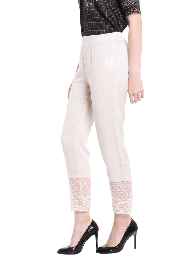 Ankle Length Cotton Cream Flared Pinstriped Pants For Women- Zola